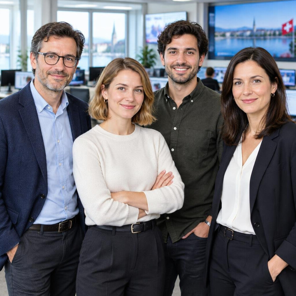 Diverse team of journalists standing together in an office