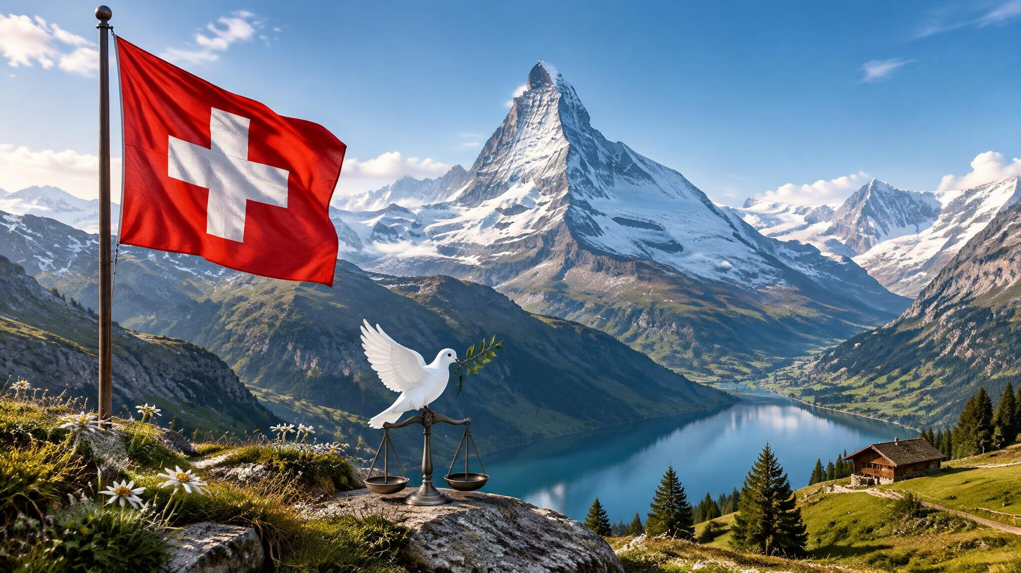 swiss alps with flag