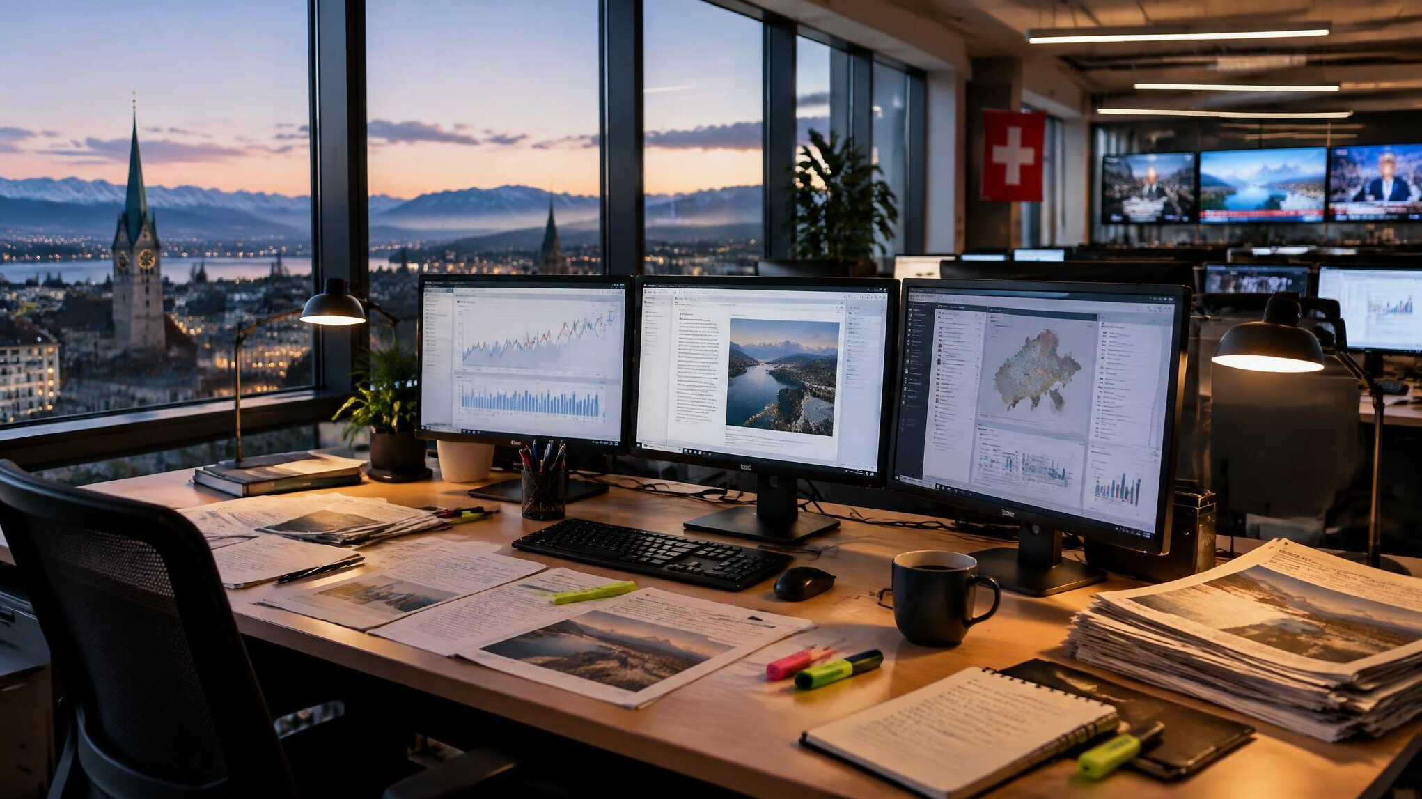 Journalists reviewing documents and screens in a newsroom