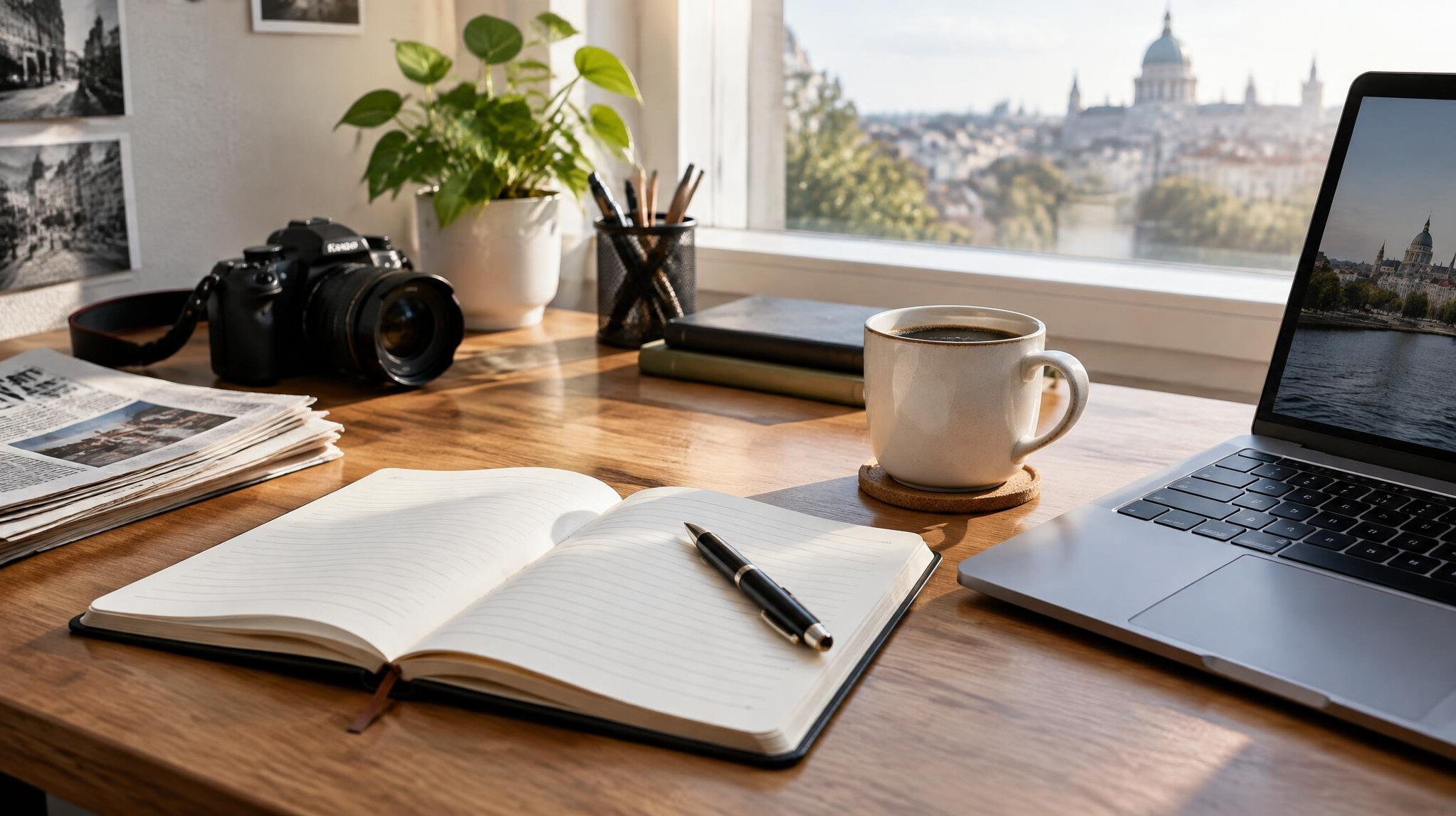 Open notebook, pen and coffee cup on a wooden desk with a laptop