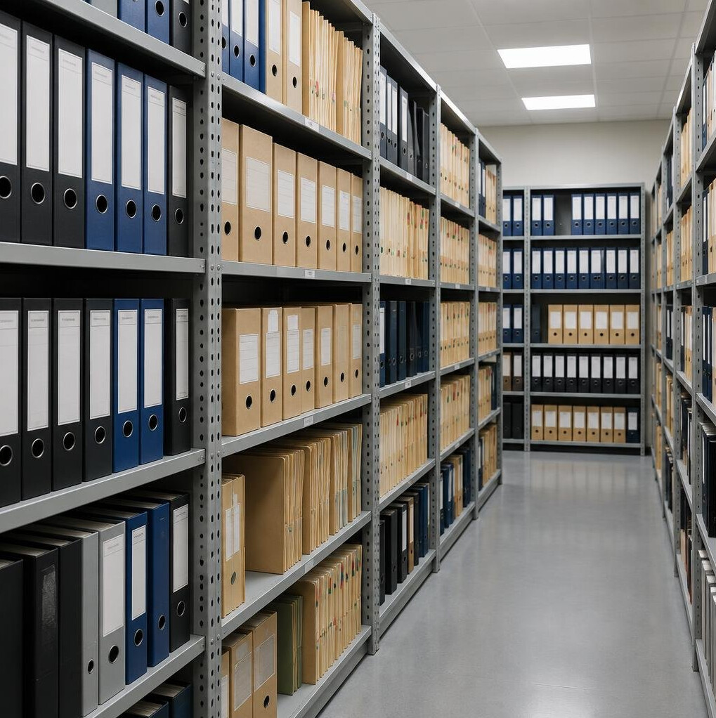 Rows of archived files and binders in a records room
