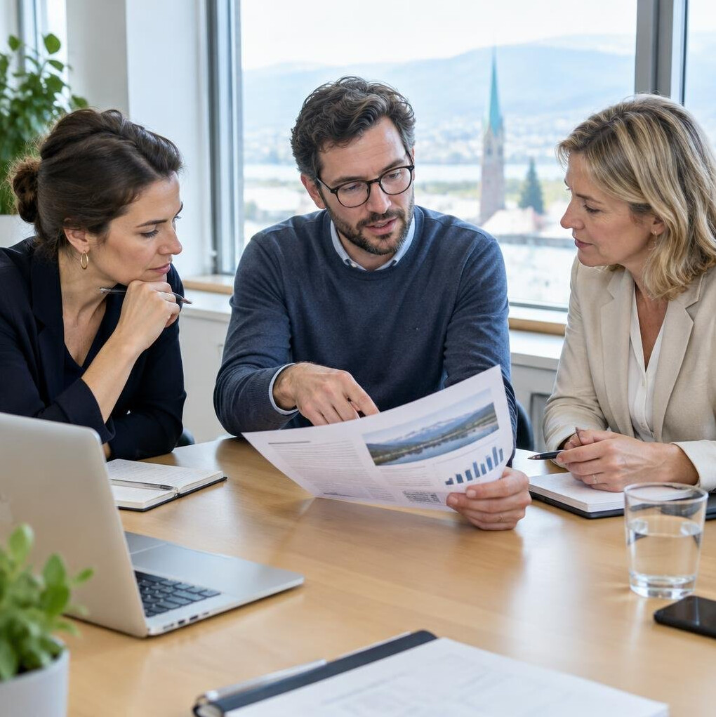 Swiss editorial team discussing a story around a table