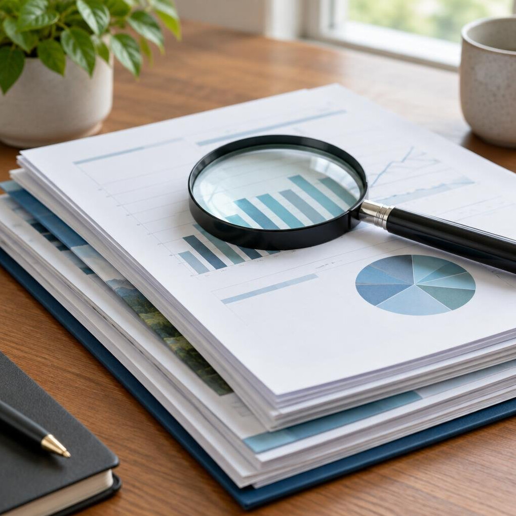 Stack of printed documents and a magnifying glass on a desk